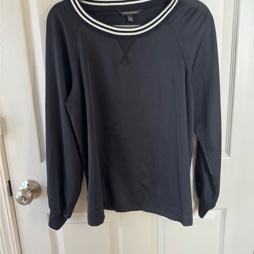 Banana Republic Black Long Sleeve Top with Striped Collar. Good condition!